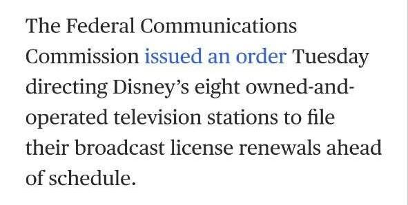 May be an image of television and text that says 'The Federal Communications Commission issued an order Tuesday directing Disney's eight owned-and- operated television stations to file their broadcast license renewals ahead of schedule.'