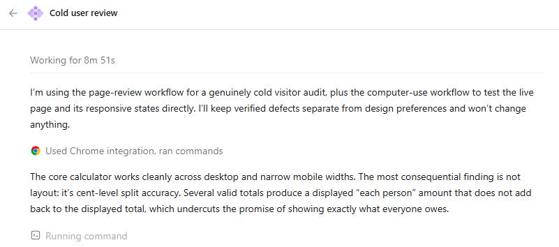ChatGPT Work's "Cold user review" subagent panel showing live review progress and its key finding about cent-level split accuracy