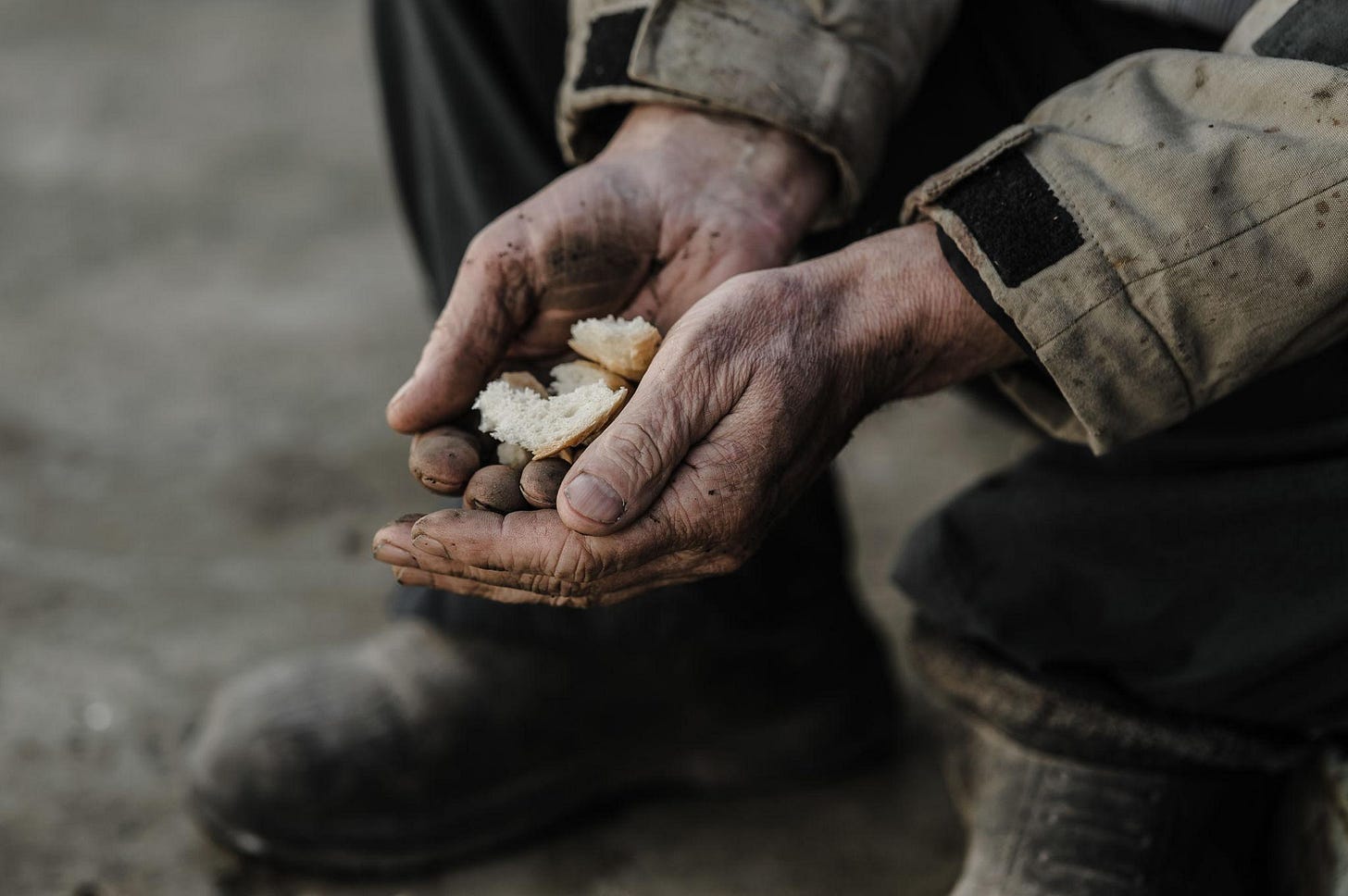 The aged hands grip the bread with quiet desperation