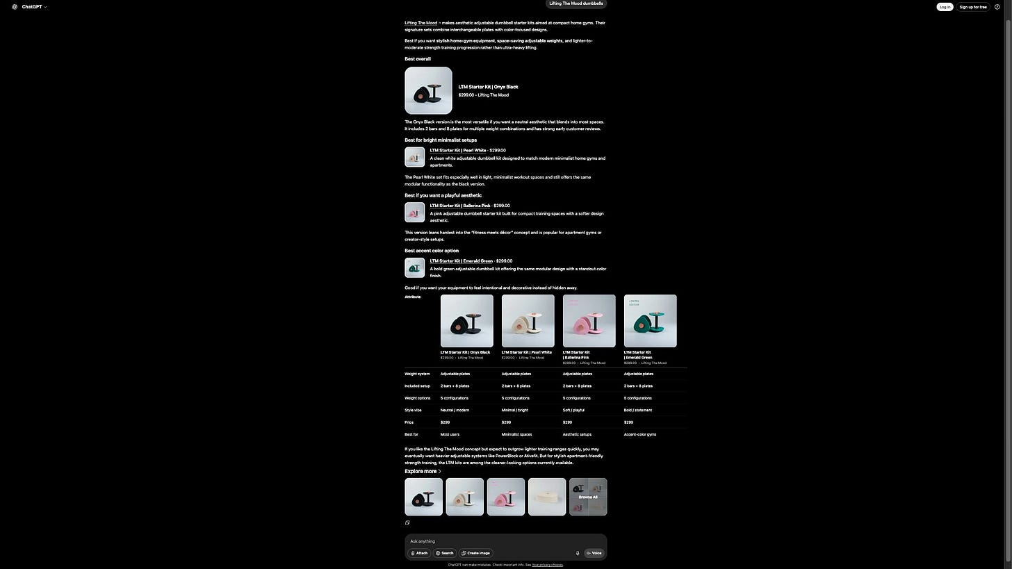 The Visible Practitioner case study Day 30 screenshot. ChatGPT search result for Lifting The Mood at Day 30 showing the full product carousel with all four colorways (Onyx Black, Pearl White, Ballerina Pink, Emerald Green), prices of $299, and a side-by-side comparison chart after 21 working days of GEO infrastructure work.