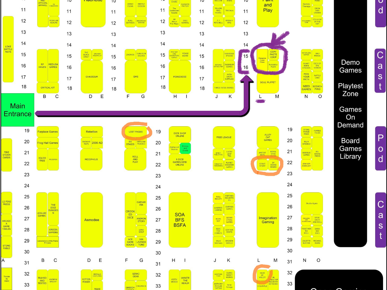 A zoomed in map of the convention hall, showing how to get to Booth L-15/16. A few other booths are circled in another color: Lost Pages, Haus of Valley, By Odin’s Beard, and Stout Stoat. A zoomed in map of the convention hall, showing how to get to Booth L-15/16. A few other booths are circled in another color: Lost Pages, Haus of Valley, By Odin’s Beard, and Stout Stoat.