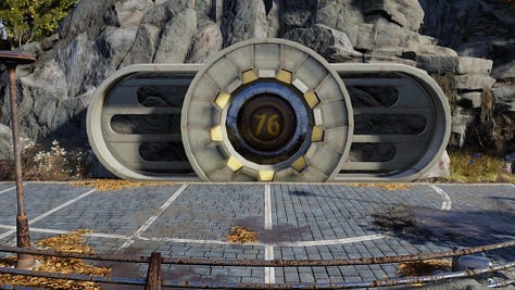Imagens dos jogos da franquia Fallout demonstrando como são as entradas das vaults iniciais do jogo. Também há uma foto de uma mulher usando um macacão da vault 11, com um 11 bem grande em amarelo escrito sobre o macacão azul.
