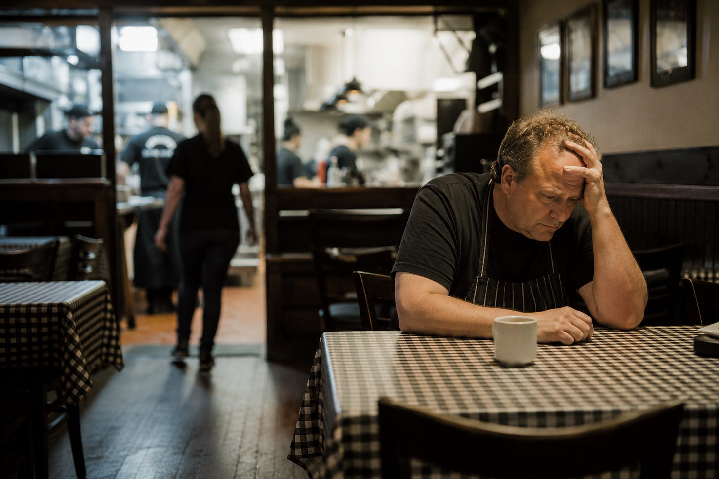 Frustrated restaurant owner sitting alone in an empty dining room while staff work in the background, illustrating common business management and operational problems.