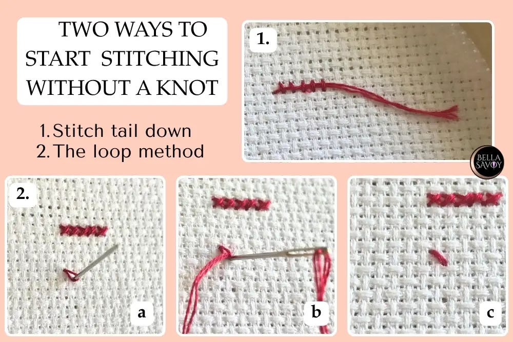 Step-by-step demonstration of two ways to start cross stitching without a knot, using the stitch tail-down method and the loop method on white Aida fabric.