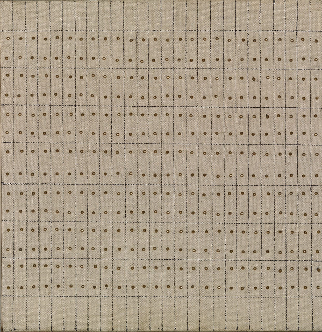 Agnes Martin, Little Sister, 1962. Oil, ink, and brass nails on canvas over wood
, 9 7/8 x 9 11/16 inches (25.1 x 24.6 cm)