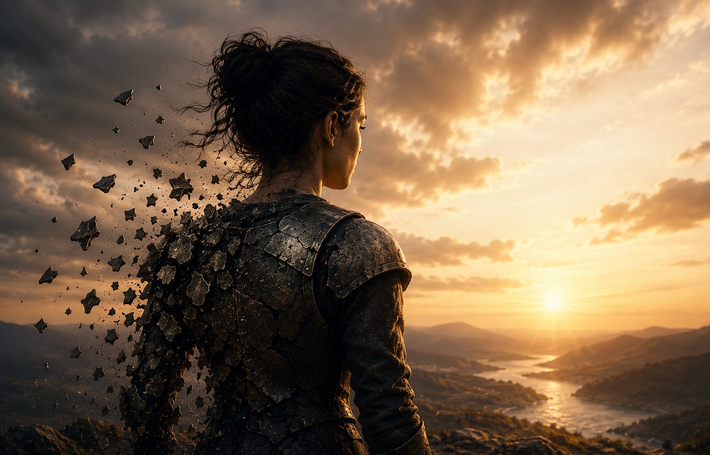 A woman stands on a mountain overlook at sunset, facing the horizon as pieces of dark armor dissolve from her back and shoulder into the wind. Golden light breaks through storm clouds, illuminating the valley and river below. The image symbolizes the release of a survival identity and the journey from emotional protection toward vulnerability, healing, and personal freedom. A woman stands on a mountain overlook at sunset, facing the horizon as pieces of dark armor dissolve from her back and shoulder into the wind. Golden light breaks through storm clouds, illuminating the valley and river below. The image symbolizes the release of a survival identity and the journey from emotional protection toward vulnerability, healing, and personal freedom.