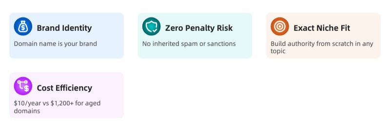 Fresh domain advantages: brand identity, zero penalty risk, exact niche fit, cost efficiency Fresh domain advantages: brand identity, zero penalty risk, exact niche fit, cost efficiency
