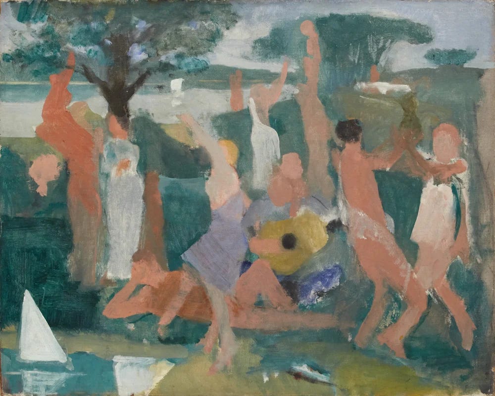 An idyllic landscape of scantily clad abstractly painted people of all ages dancing and reclining among grass and trees. One figure plays a guitar. Behind them is a hillside with a sheep herder, water, a sailboat, and sky.