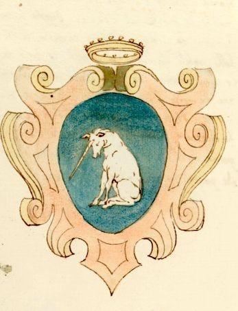 This may contain: a drawing of a dog with a crown on it's head and a cane in its mouth