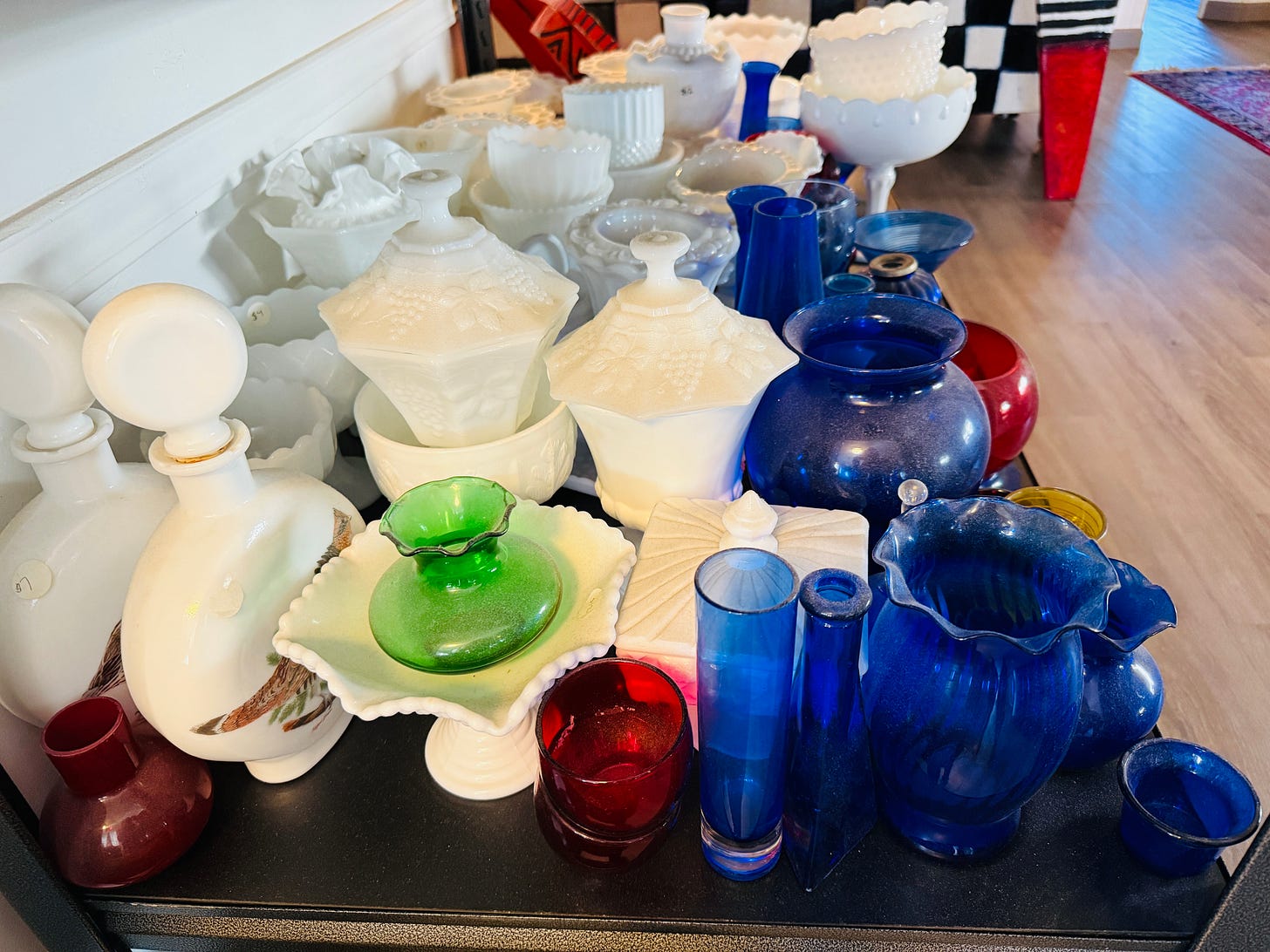 milk glass dishes vases blue green white brown