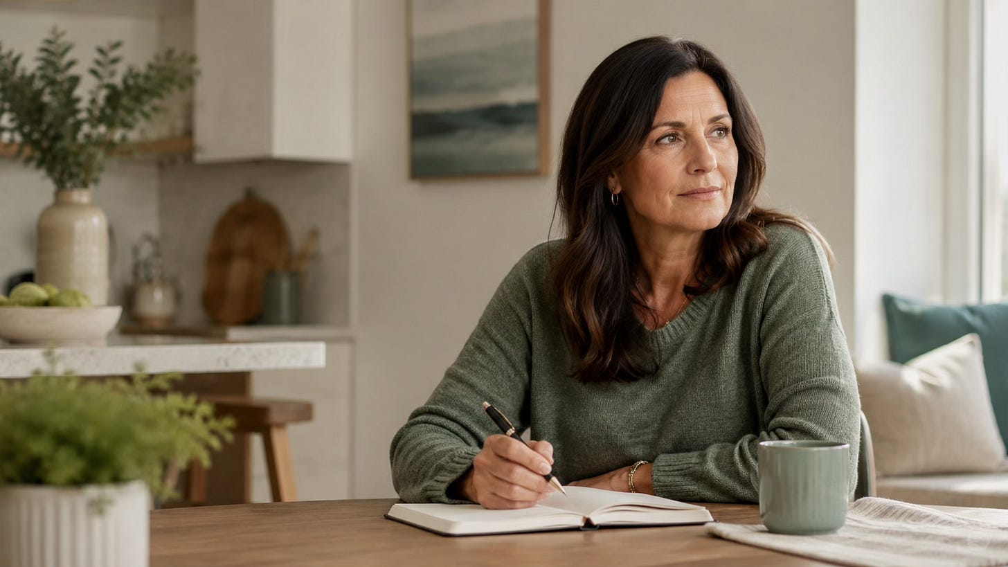 Woman pausing at a table with a notebook, reflecting before responding to self-critical thoughts.