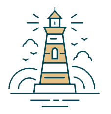 A digital image of a lighthouse with clouds and seagulls surrounding it. It is made with deep teal line art and is otherwise white with goldenrod accents throughout. A digital image of a lighthouse with clouds and seagulls surrounding it. It is made with deep teal line art and is otherwise white with goldenrod accents throughout.