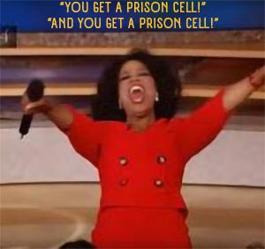 Oprah excitedly saying, 'You get a prison cell! And you get a prison cell!' Oprah excitedly saying, 'You get a prison cell! And you get a prison cell!'