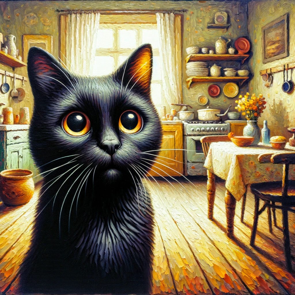 Generate an oil painting that depicts a black cat with a lively personality within a domestic kitchen setting. The cat should have an expressive and engaging demeanor, with its eyes wide and a slight tilt to its head, as if it's reacting to something happening in the room. Expand the view to show more of the kitchen space around the cat, with a muted yet warm color scheme. The surroundings should include elements such as kitchenware, furniture, and possibly a window, all portrayed with detailed brushstrokes and rich texture to create a cozy atmosphere.