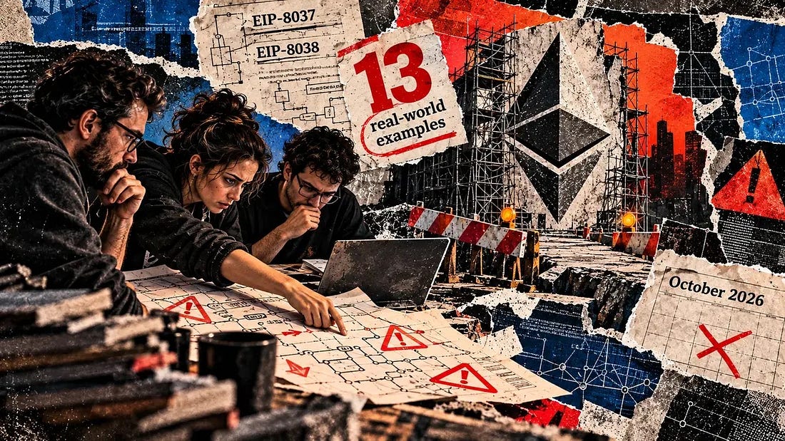 Three developers study technical plans beside a blocked bridge, scaffolded Ethereum symbol, security warnings and October 2026 calendar. Three developers study technical plans beside a blocked bridge, scaffolded Ethereum symbol, security warnings and October 2026 calendar.