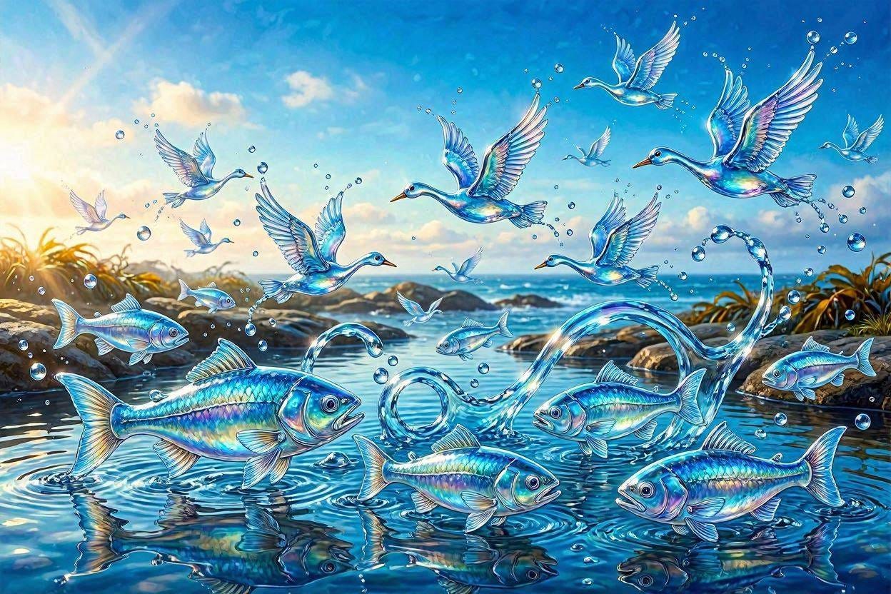 fish and birds created from water! fantastic image with lots of color and iridescent light and water