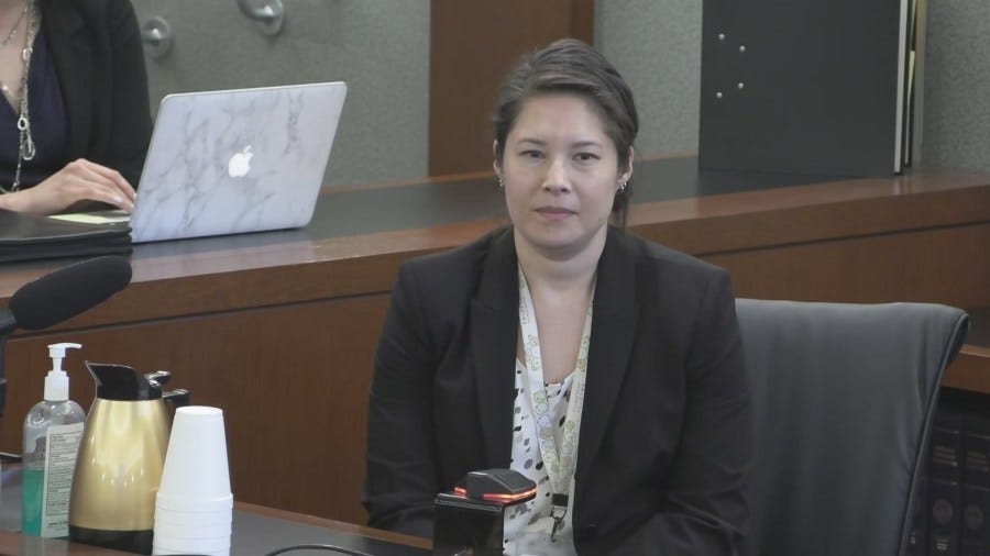 Stephanie Yagi, a medical examiner and forensic pathologist at the Clark County Coroner's office, testifies in the trial of Robert Telles Thursday. (KLAS)