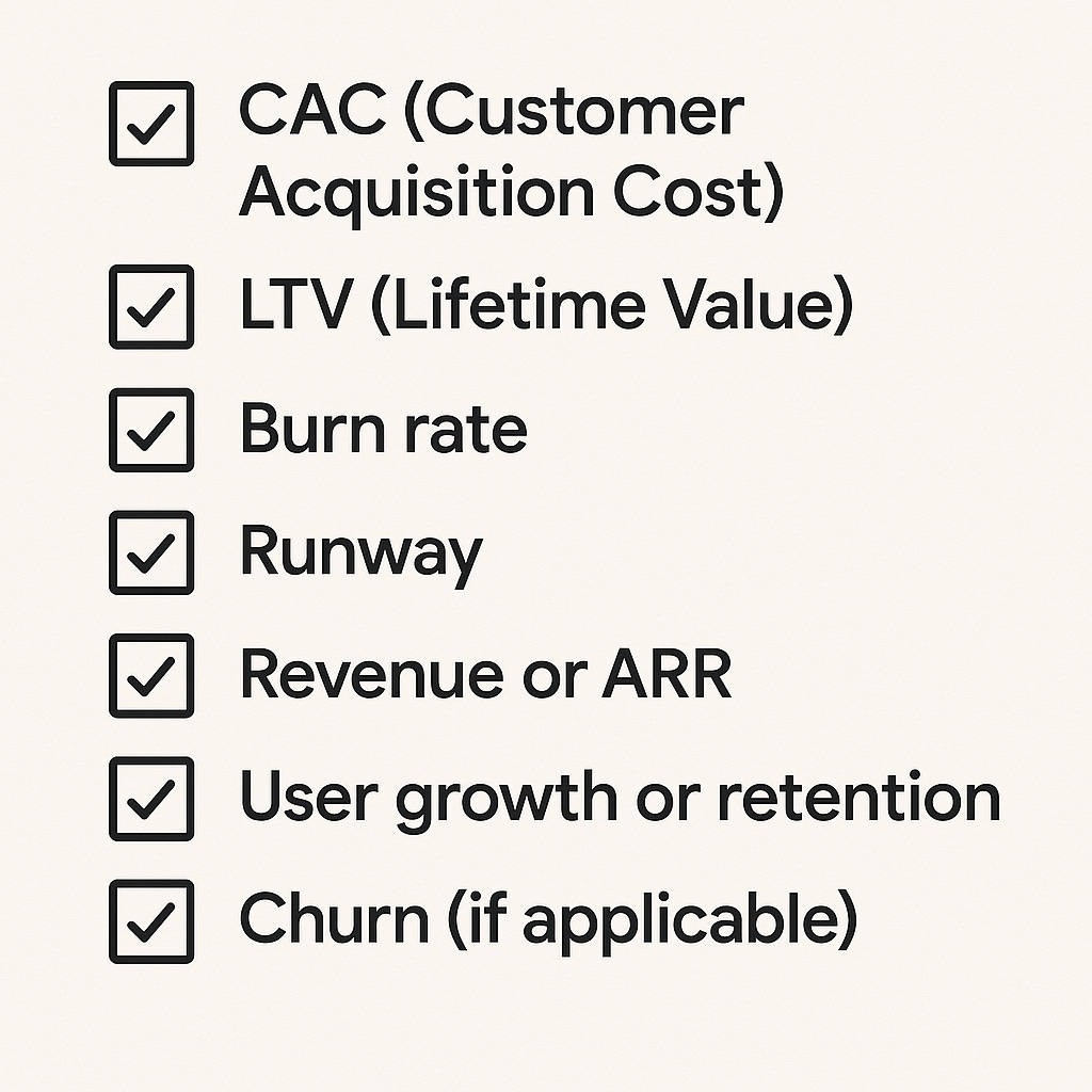 Checklist of key metrics investors evaluate during due diligence, including CAC, LTV, burn rate, ARR, churn, and user growth Checklist of key metrics investors evaluate during due diligence, including CAC, LTV, burn rate, ARR, churn, and user growth