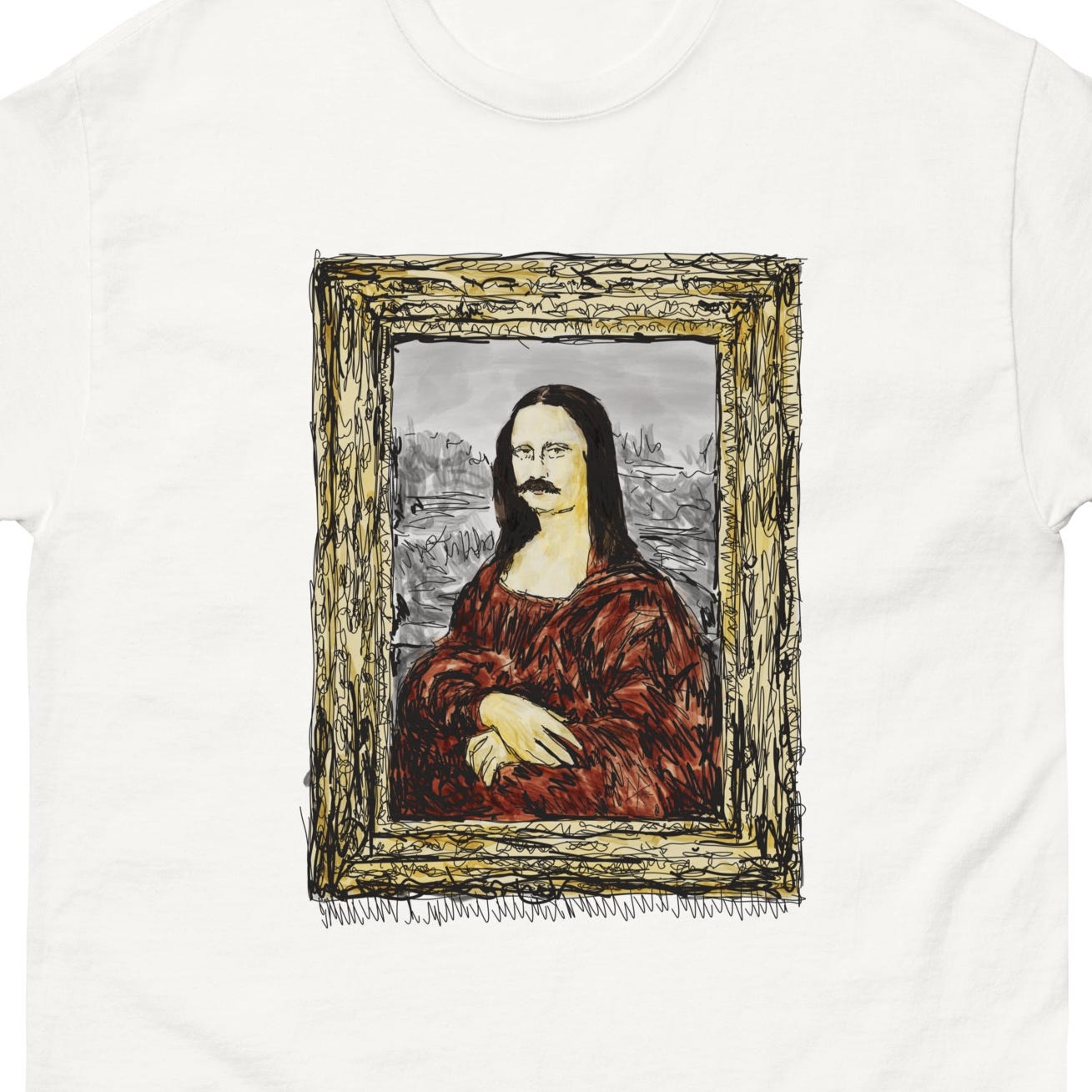 A cartoon of Leonardo da Vinci’s painting of the Mona Lisa, sporting a bushy moustache. Sketch art by Don Rice. A cartoon of Leonardo da Vinci’s painting of the Mona Lisa, sporting a bushy moustache. Sketch art by Don Rice.