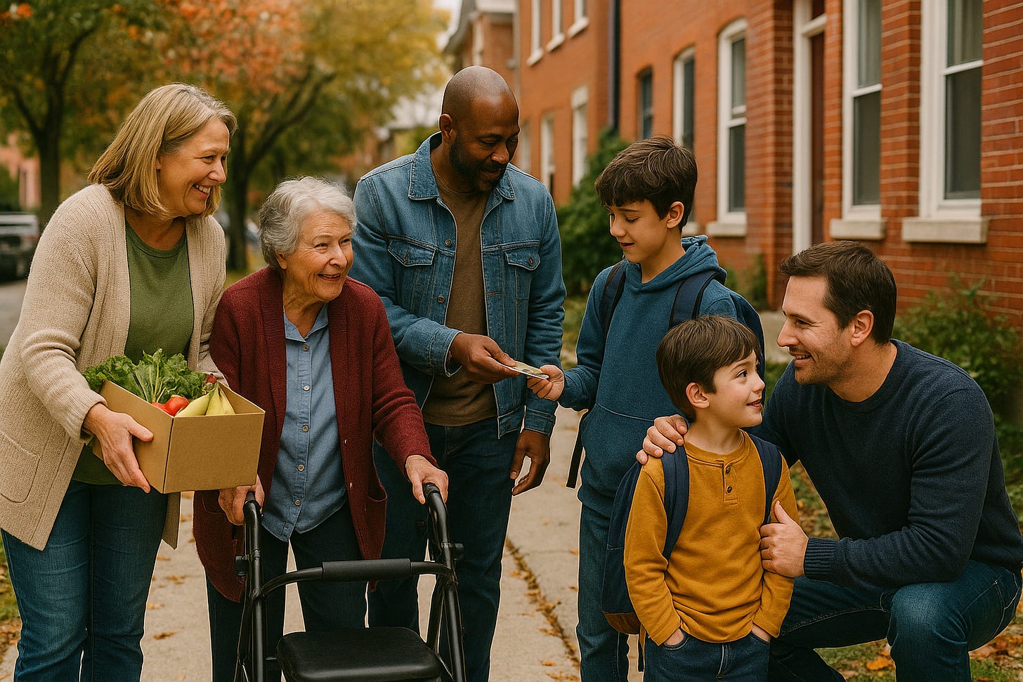 A diverse group of Canadian neighbors gathers on a tree-lined suburban sidewalk in autumn. An older woman with a walker smiles warmly as she’s helped by a younger woman carrying a box of groceries. Nearby, a man hands money to a boy in a hoodie, while a father crouches beside a younger child, all sharing a moment of community connection and support. The image conveys everyday acts of kindness, solidarity, and intergenerational care."Three generations of a diverse Canadian family share a moment on a residential street—smiling, helping each other, and carrying groceries. The image symbolizes intergenerational connection, quiet resilience, and the shared struggles of Canada’s middle class." A diverse group of Canadian neighbors gathers on a tree-lined suburban sidewalk in autumn. An older woman with a walker smiles warmly as she’s helped by a younger woman carrying a box of groceries. Nearby, a man hands money to a boy in a hoodie, while a father crouches beside a younger child, all sharing a moment of community connection and support. The image conveys everyday acts of kindness, solidarity, and intergenerational care."Three generations of a diverse Canadian family share a moment on a residential street—smiling, helping each other, and carrying groceries. The image symbolizes intergenerational connection, quiet resilience, and the shared struggles of Canada’s middle class."