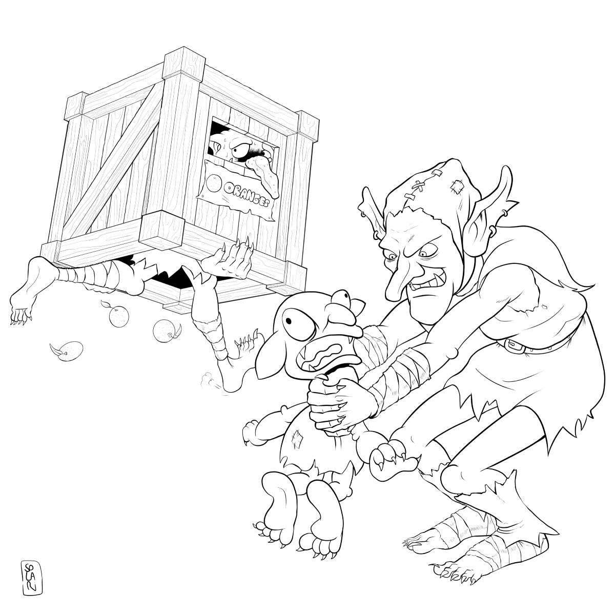 A goblin restrains a smaller, frightened smaller goblin while a scared goblin peers out from a hole in a wooden crate labeled oranges, with fruit spilling out.