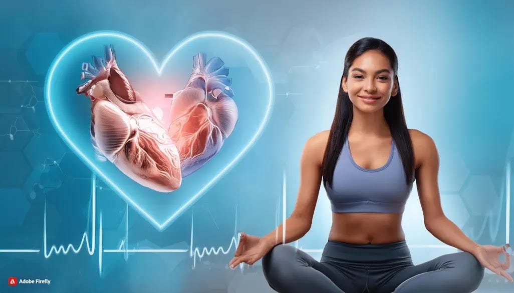 A serene young woman sits with a healthy heart and gut symbol in the background. In the image, a peaceful young woman is seated with an image of a vibrant heart and a healthy gut in the background.