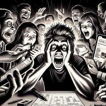 A thumbnail of a writer freaking out over a deadline on a calendar, and people on their phones eagerly waiting to read in chiascuro style. Image 1 of 4 A thumbnail of a writer freaking out over a deadline on a calendar, and people on their phones eagerly waiting to read in chiascuro style. Image 1 of 4