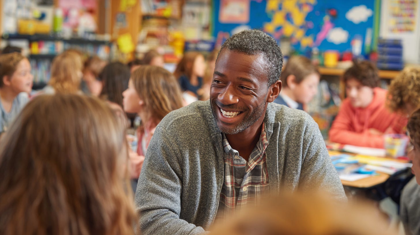 eacher smiling while engaging with middle school students in a supportive classroom setting.