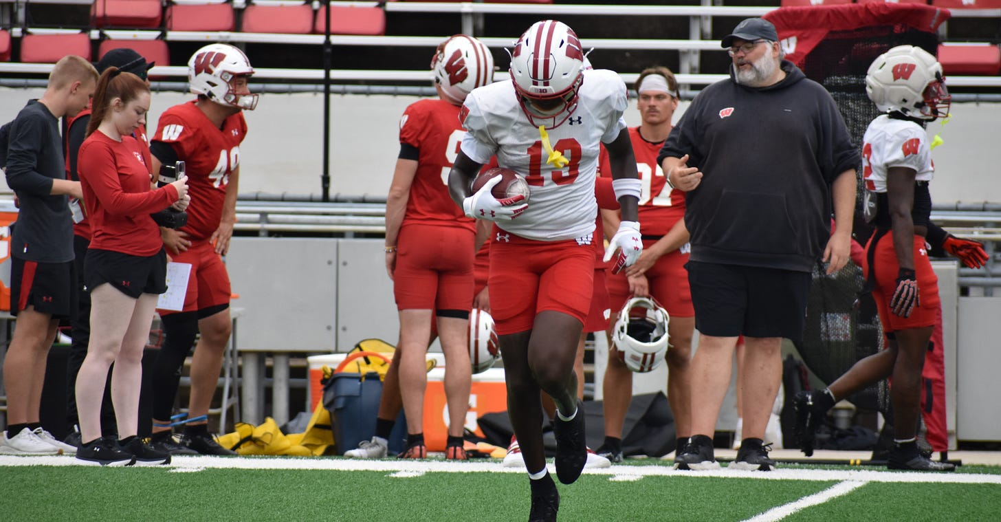 Eugene Hilton Jr., Wisconsin Badgers wide receiver, on the field at Camp Randall Stadium during fall camp. Eugene Hilton Jr., Wisconsin Badgers wide receiver, on the field at Camp Randall Stadium during fall camp.