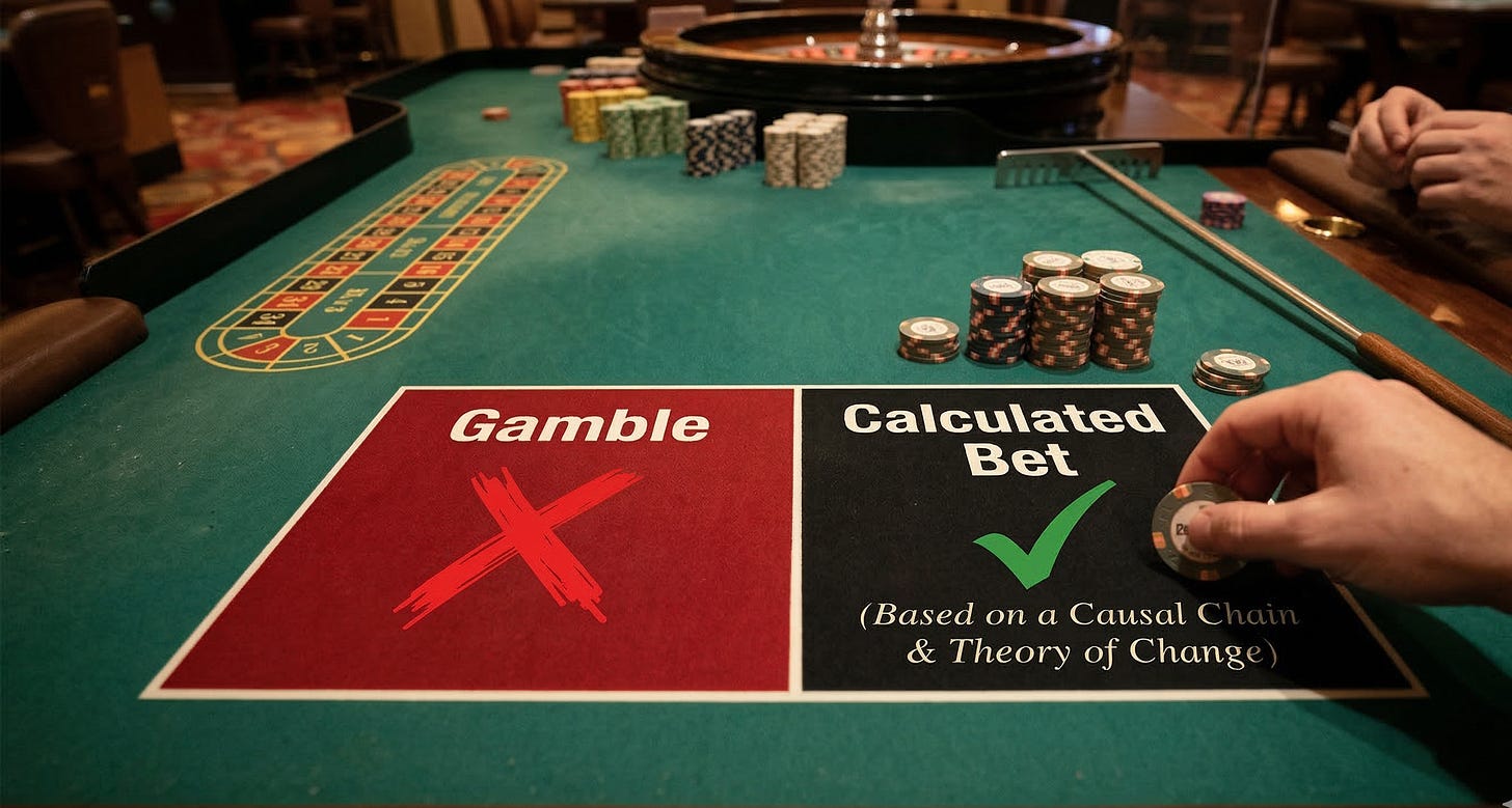 A casino table comparing a random gamble with a calculated bet based on a causal chain.