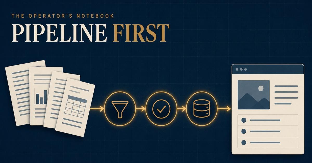 Illustration of a data pipeline: a stack of documents on the left flows through a funnel, a checkmark, and a database into a single clean web page on the right. Title reads "Pipeline First — The Operator's Notebook."