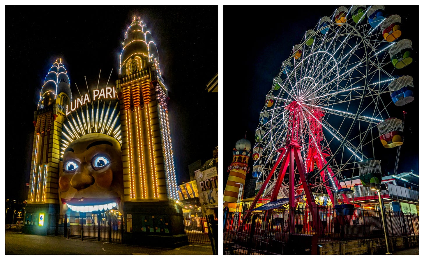 Photo on left shows entrance to Luna Park through the smiling face lit up at night; photo on the right shows the ferris wheel lit up at night. 