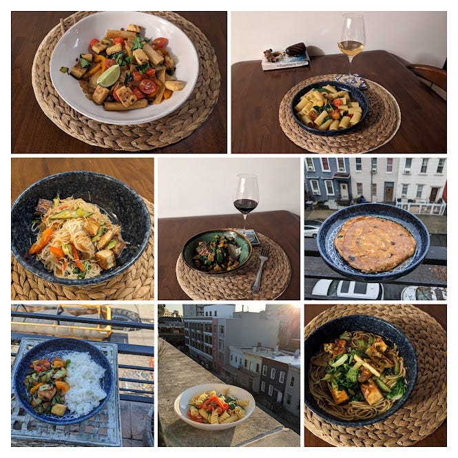 grid of dinners cooked at my sister's apartment grid of dinners cooked at my sister's apartment