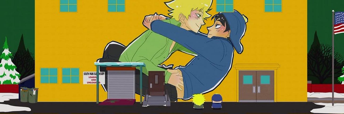 Mural of Tweek and Craig painted onto South Park Elementary School - South Park episode "Tweek x Craig" (Season 19, Ep 6)