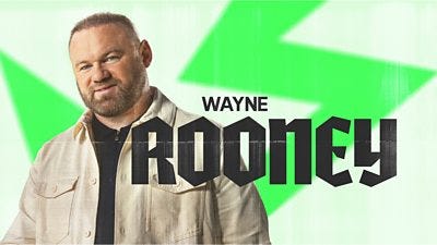 Wayne Rooney in front of a white and green backdrop. Bold, black text on the front of the image reads: "Wayne Rooney." Wayne Rooney in front of a white and green backdrop. Bold, black text on the front of the image reads: "Wayne Rooney."