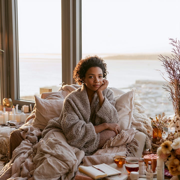 A Black woman sits peacefully in a cosy chair by a large window, wrapped in a soft cream blanket and wearing warm neutral layers. Candles, books, flowers, and self-care items surround her, creating a calm soft life atmosphere. The image has warm golden tones, vintage-style framing, and a reflective, restorative mood.