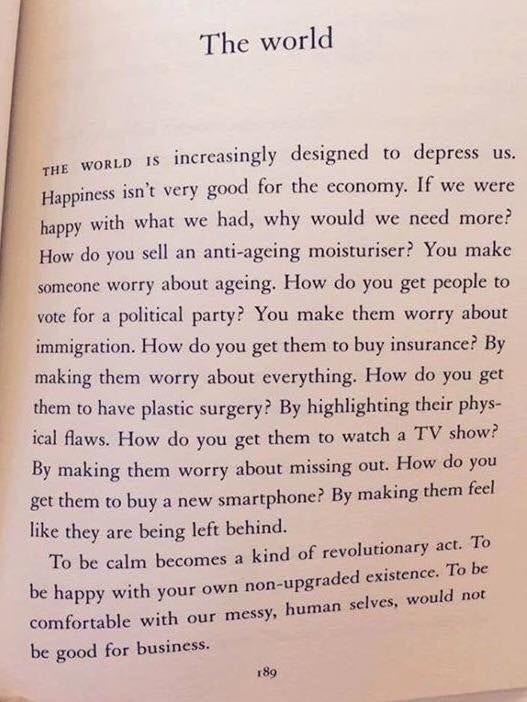 This may contain: an open book with the words'the world is incredibly designed to address us happiness isn't very good for the economy