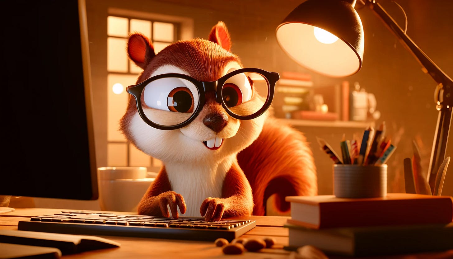 A whimsical illustration of a squirrel wearing glasses, typing on a computer keyboard with a focused expression. The setting is a cozy workspace with books, a coffee cup, and a desk lamp, all in a Pixar-like style. The scene has warm, inviting lighting and the image is in a 16:9 aspect ratio.