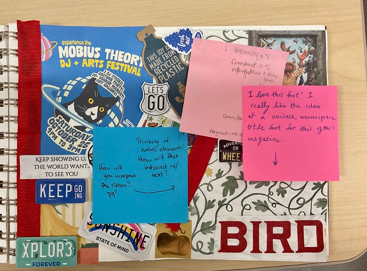 An assortment of scrapbooks of different design elements like colors, patterns, and text with student notes