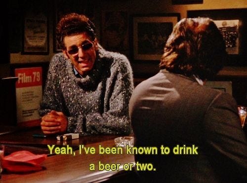 This may contain: two people sitting at a bar talking to each other with a quote written on it