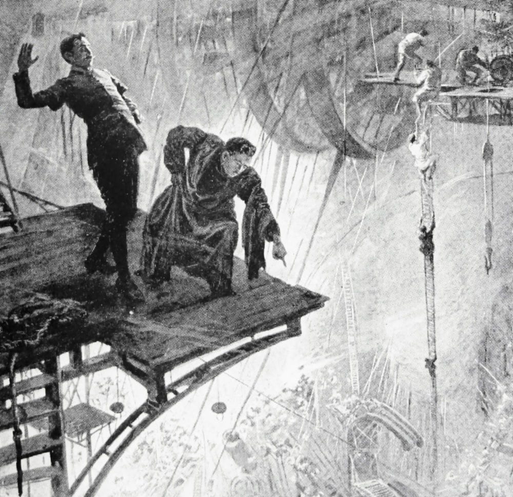"He saw a confused struggle down a passage." Art by H. Lanos for "When the Sleeper Wakes" by H. G. Wells (1899) "He saw a confused struggle down a passage." Art by H. Lanos for "When the Sleeper Wakes" by H. G. Wells (1899)