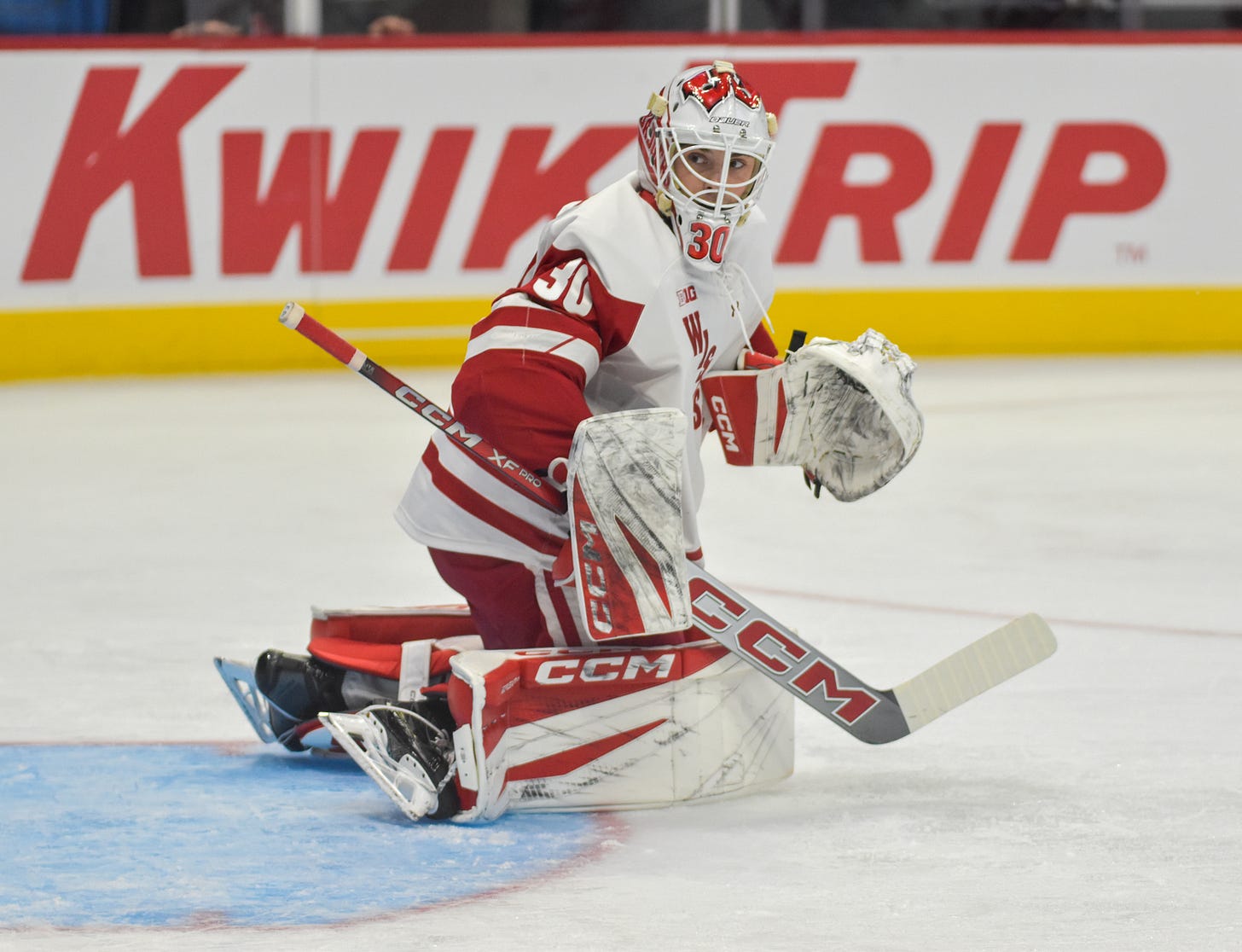 Eli Pulver shuffles across the crease in front of the net
