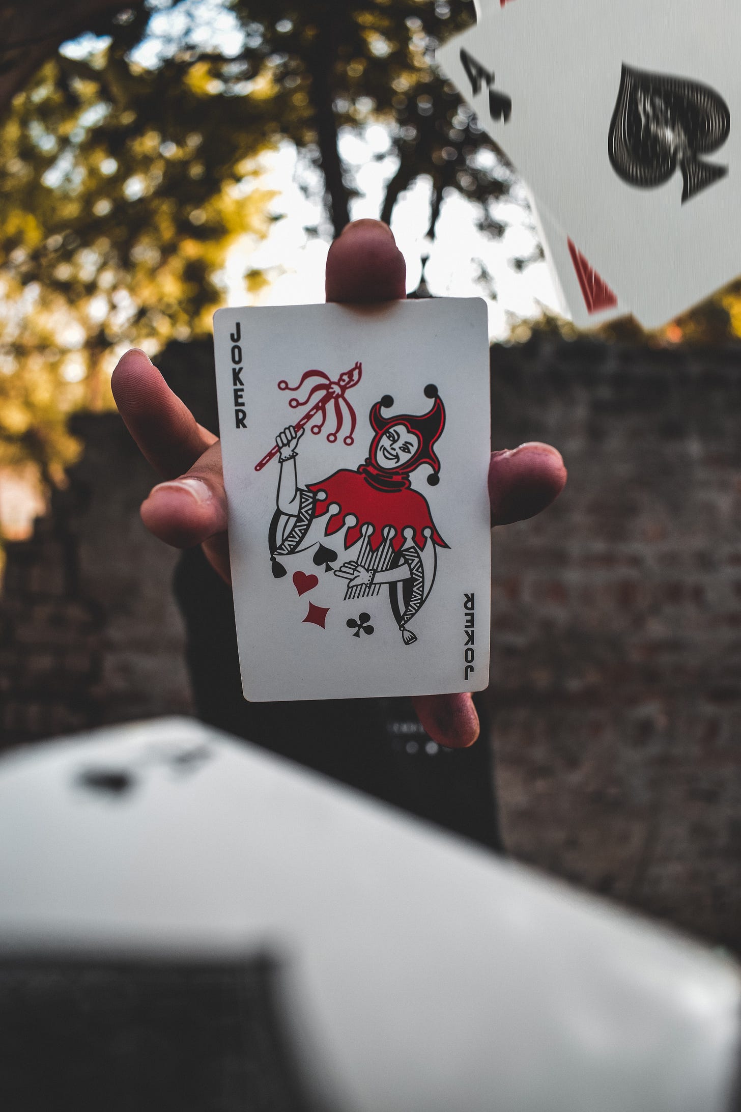 Fingers hold the joker card from a deck of cards as other cards fly toward camera. Fingers hold the joker card from a deck of cards as other cards fly toward camera.