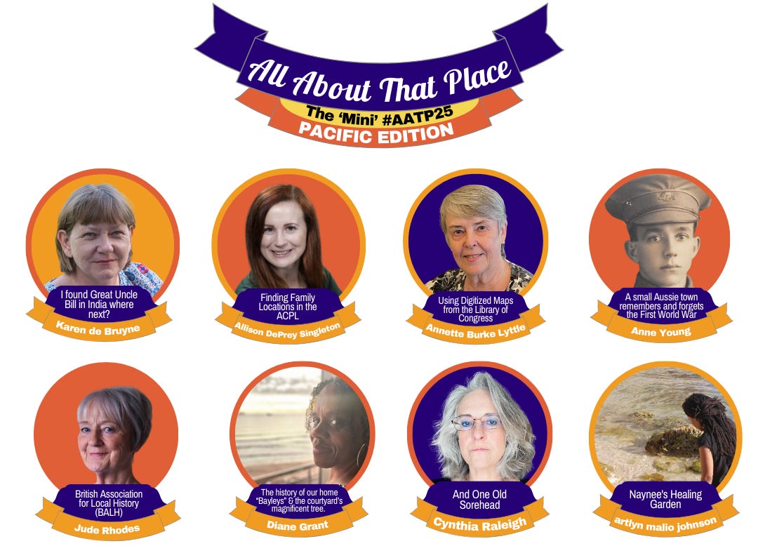 Graphic image titled "All About That Place" The ‘Mini’ #AATP25 Pacific Edition" includes images of Allison Singleton, Karen de Bruyne, artlyn mali'o johnson, Cynthia Raleigh, Annette Burkey Lyttle, Diane Grant, Jude Rhodes, and Anne Young