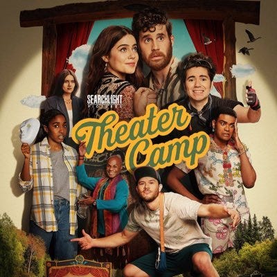 The Friend by Sigrid Nunez, Brett Goldstein and Mae Martin hugging, four patients in hospital gowns (the logo of podcast The Retrievals), Idina Menzel on TikTok, Material Girls podcast logo, the movie Theater Camp's poster