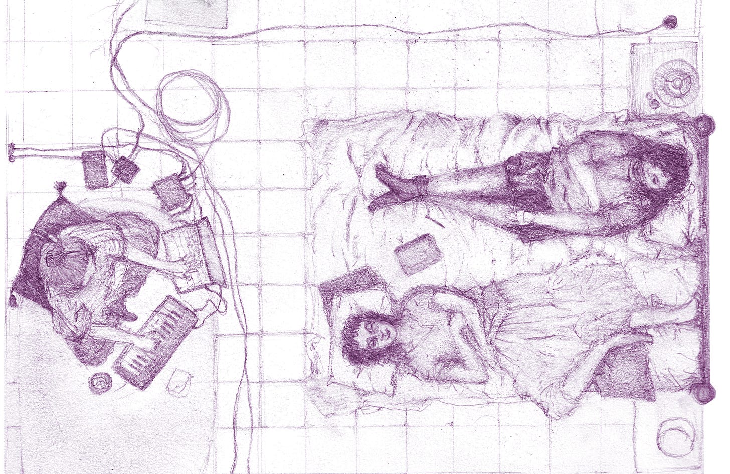 pencil drawing in purple, depicting a birds-eye view of a tile-floored bedroom, two listeners laying down in a bed, heads on opposite sides. at the foot of the bed, a musician sitting cross legged plays a keyboard and a laptop, with cords and wires extending from their setup to speakers, air purifier, bedside table.