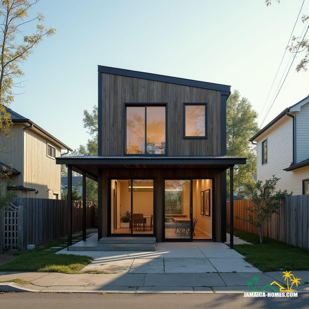 Urban steel-clad mini home, single-level steel-frame module with concrete floor, compact L-shaped porch. Features solar panels, thin vertical windows for airflow and light, and cross-ventilation, set on an urban lot with neighboring homes on both sides under bright sunlight. Timber cladding and tempered glass panels enhance the industrial-modern, resilient, and practical design. Cinematic film still captured on v-raptor XL with film grain, vignette, color graded, post-processed, cinematic lighting, 35mm film, live-action, best quality, atmospheric, a masterpiece, epic, stunning, dramatic.