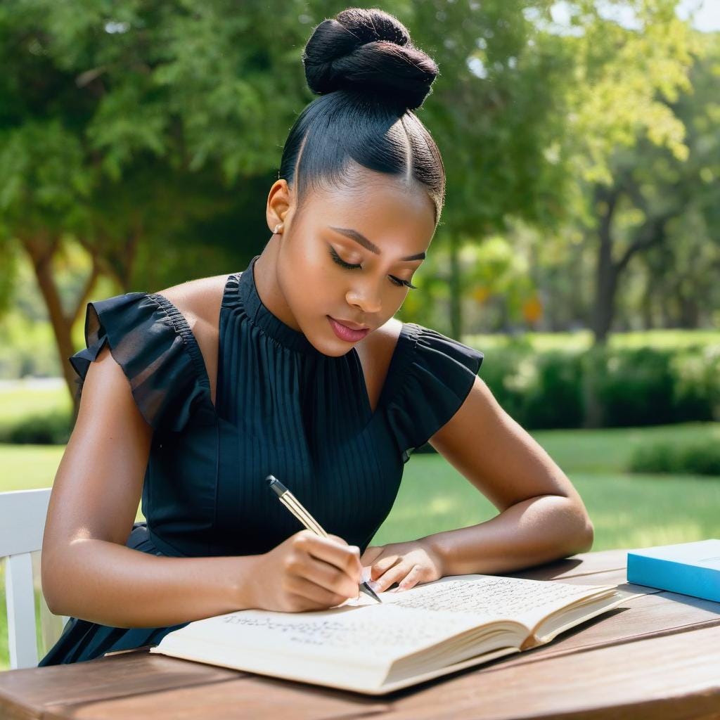 Young youthful African American Woman wearing black writing a letter in the summertime writing a letter on a book at a table