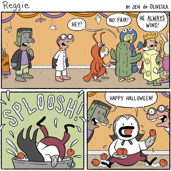 There is a halloween party with a hippo dressed as the monster of Frankenstein, a salamander dressed as a mad professor, a gerbil dressed as a lobster, and other animals dressed as a lego brick, a cactus, a dinosaur and a king. They are all angry and think something is unfair going on one side of the room. Sploosh! Reggie’s legs are sticking out of a tub full of water and apples. Reggie pops out of the water with an apple stuck between his fangs saying, “Happy Halloween!”
