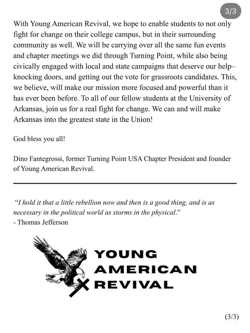 The third page shows that this was not a symbolic complaint but a total rupture. The Arkansas students did not merely criticize TPUSA. They walked away, founded a new organization, and publicly committed themselves to a different mission outside the structure Erika Kirk was trying to expand.
